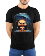 Grumpy Duck Under Umbrella Graphic T-Shirt Funny Rain Tee - model wearing black tee with hands behind back