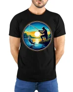 Fishing Sunset Graphic T-Shirt Angler Lake Outdoor Tee - model wearing black tee with hands behind back