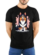 Cute Border Collie Dog Graphic T-Shirt Pet Lover Puppy Tee - model wearing black tee with hands behind back