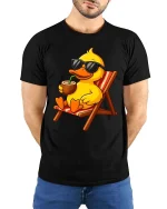 Cool Beach Duck Graphic T-Shirt Funny Summer Vacation Tee - model wearing black tee with hands behind back