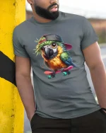 Cool Parrot Skateboard Graphic T-Shirt Cute Skater Bird Tee - model wearing grey tee, leaning on column