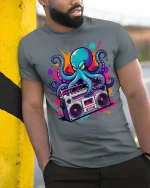 Retro Octopus Boombox Graphic T-Shirt Cool Music Street Tee - model wearing grey tee, leaning on column