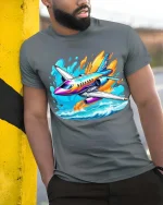 Colorful Jet Airplane Graphic T-Shirt Cool Aviation Travel Tee - model wearing grey tee, leaning on column