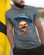 Grumpy Duck Under Umbrella Graphic T-Shirt Funny Rain Tee - model wearing grey tee, leaning on column
