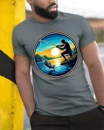Fishing Sunset Graphic T-Shirt Angler Lake Outdoor Tee - model wearing grey tee, leaning on column