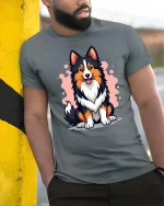 Cute Border Collie Dog Graphic T-Shirt Pet Lover Puppy Tee - model wearing grey tee, leaning on column