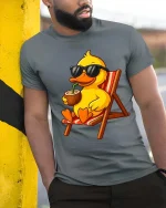 Cool Beach Duck Graphic T-Shirt Funny Summer Vacation Tee - model wearing grey tee, leaning on column