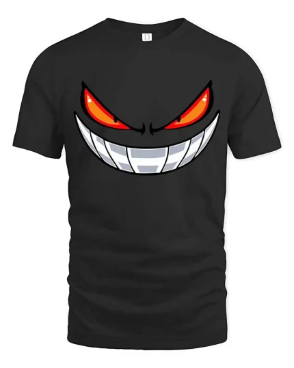 Evil Smile Red Eyes Monster Face Graphic T-Shirt - black t-shirt on white background