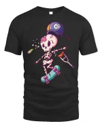 Funny Injured Skeleton Skateboard Cartoon Graphic T-Shirt - black t-shirt on white background