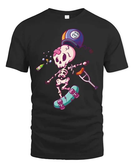 Funny Injured Skeleton Skateboard Cartoon Graphic T-Shirt - black t-shirt on white background