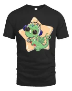 Cute Dragon Singer Cartoon Graphic T-Shirt - black t-shirt on white background