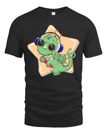 Cute Dragon Singer Cartoon Graphic T-Shirt - black t-shirt on white background