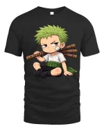 Cute Anime Style Sword Fighter Cartoon Graphic T-Shirt - black t-shirt on white background