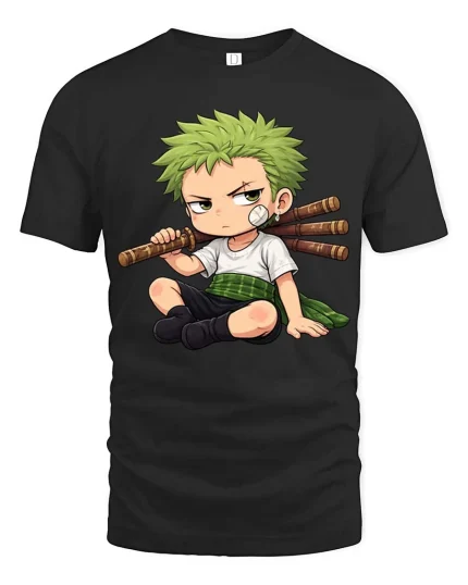 Cute Anime Style Sword Fighter Cartoon Graphic T-Shirt - black t-shirt on white background