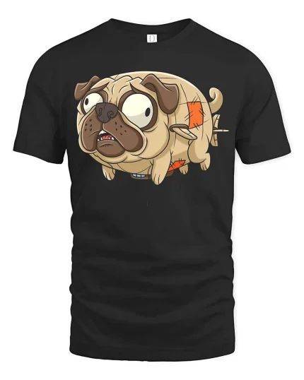 Funny Frankenpug Cartoon Graphic T-Shirt Cute Pug Tee - black t-shirt on white background