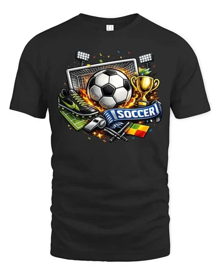 Soccer Fan Graphic T-Shirt Football Goal Trophy Sports Tee - black t-shirt on white background