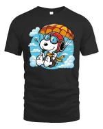 Cute Parachuting Dog Cartoon Graphic T-Shirt Skydiving Tee - black t-shirt on white background