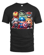Cute Superhero Team Cartoon Graphic T-Shirt Chibi Hero Tee - black t-shirt on white background