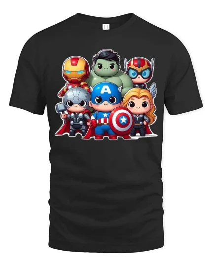Cute Superhero Team Cartoon Graphic T-Shirt Chibi Hero Tee - black t-shirt on white background
