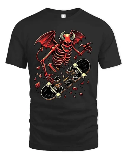 Devil Skeleton Skateboard Graphic T-Shirt Gothic Skater Tee - black t-shirt on white background