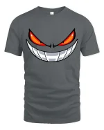 Evil Smile Red Eyes Monster Face Graphic T-Shirt - gray t-shirt on white background