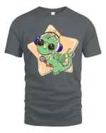 Cute Dragon Singer Cartoon Graphic T-Shirt - gray t-shirt on white background