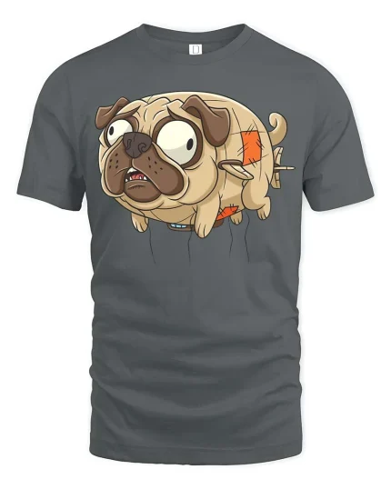 Funny Frankenpug Cartoon Graphic T-Shirt Cute Pug Tee - gray t-shirt on white background