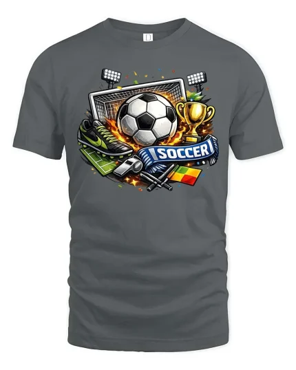 Soccer Fan Graphic T-Shirt Football Goal Trophy Sports Tee - gray t-shirt on white background