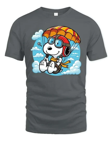 Cute Parachuting Dog Cartoon Graphic T-Shirt Skydiving Tee - gray t-shirt on white background
