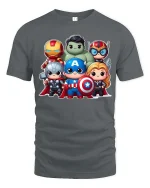 Cute Superhero Team Cartoon Graphic T-Shirt Chibi Hero Tee - gray t-shirt on white background