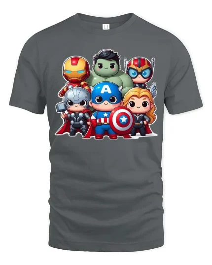 Cute Superhero Team Cartoon Graphic T-Shirt Chibi Hero Tee - gray t-shirt on white background