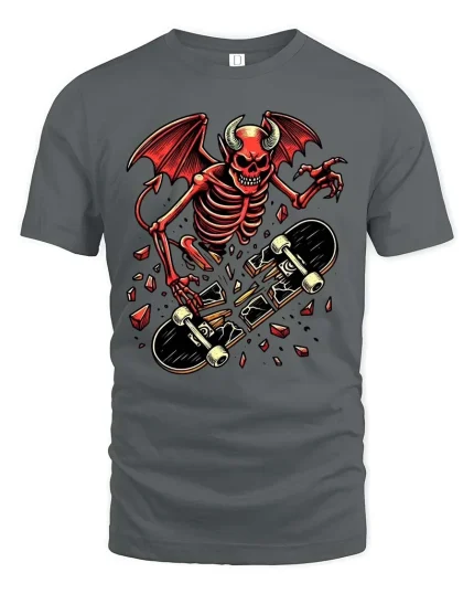 Devil Skeleton Skateboard Graphic T-Shirt Gothic Skater Tee - gray t-shirt on white background
