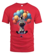 Cute Zebra Balloon Party Cartoon Graphic T-Shirt - red t-shirt on white background