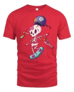 Funny Injured Skeleton Skateboard Cartoon Graphic T-Shirt - red t-shirt on white background