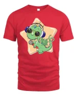 Cute Dragon Singer Cartoon Graphic T-Shirt - red t-shirt on white background
