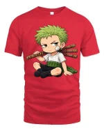 Cute Anime Style Sword Fighter Cartoon Graphic T-Shirt - red t-shirt on white background