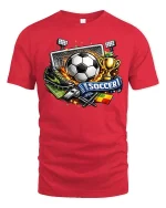 Soccer Fan Graphic T-Shirt Football Goal Trophy Sports Tee - red t-shirt on white background