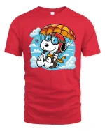 Cute Parachuting Dog Cartoon Graphic T-Shirt Skydiving Tee - red t-shirt on white background