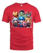 Cute Superhero Team Cartoon Graphic T-Shirt Chibi Hero Tee - red t-shirt on white background
