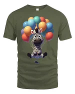 Cute Zebra Balloon Party Cartoon Graphic T-Shirt - military green t-shirt on white background