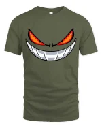 Evil Smile Red Eyes Monster Face Graphic T-Shirt - military green t-shirt on white background