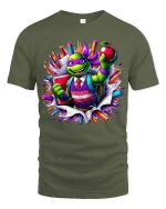 Funny Turtle Back To School Cartoon Graphic T-Shirt - military green t-shirt on white background