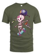 Funny Injured Skeleton Skateboard Cartoon Graphic T-Shirt - military green t-shirt on white background