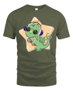 Cute Dragon Singer Cartoon Graphic T-Shirt - military green t-shirt on white background