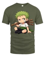 Cute Anime Style Sword Fighter Cartoon Graphic T-Shirt - military green t-shirt on white background