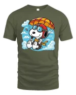 Cute Parachuting Dog Cartoon Graphic T-Shirt Skydiving Tee - military green t-shirt on white background