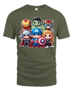 Cute Superhero Team Cartoon Graphic T-Shirt Chibi Hero Tee - military green t-shirt on white background