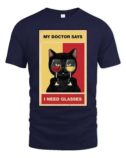 Funny Cat Wine Glasses Pun Graphic T-Shirt - navy t-shirt on white background