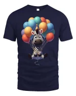 Cute Zebra Balloon Party Cartoon Graphic T-Shirt - navy t-shirt on white background