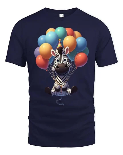 Cute Zebra Balloon Party Cartoon Graphic T-Shirt - navy t-shirt on white background